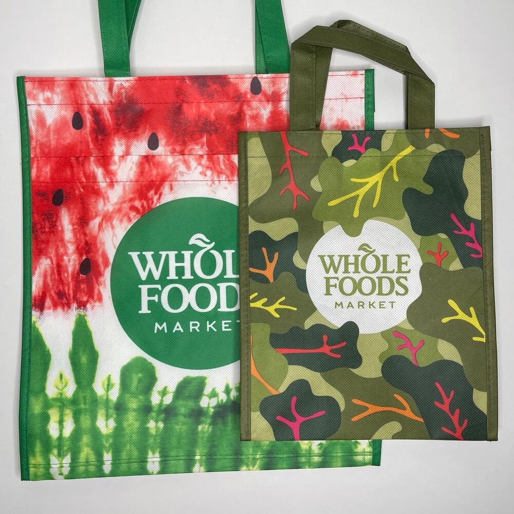 SET OF 2! — Whole Foods Market Reusable Tote Bags — Large Watermelon + Mini Leaf